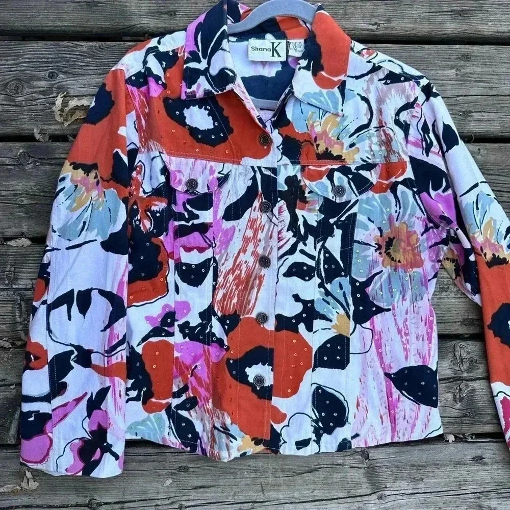 Shana K Long Sleeve Button Up Floral Blazer Jacket Size‎ Medium